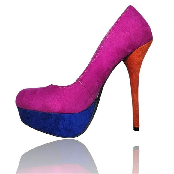 Heart in D Multicolor Platform Stiletto Suede Heels - Pink, Blue & Orange - Picture 1 of 8